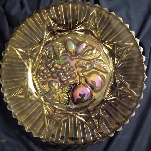 Vintage Black Carnival Glass Dish Iridescent Fruit with a Ruffled Sawtooth Edge - Picture 2 of 2